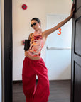 ROVENTE Pantalon cargo rouge à jambe large et cordon de serrage