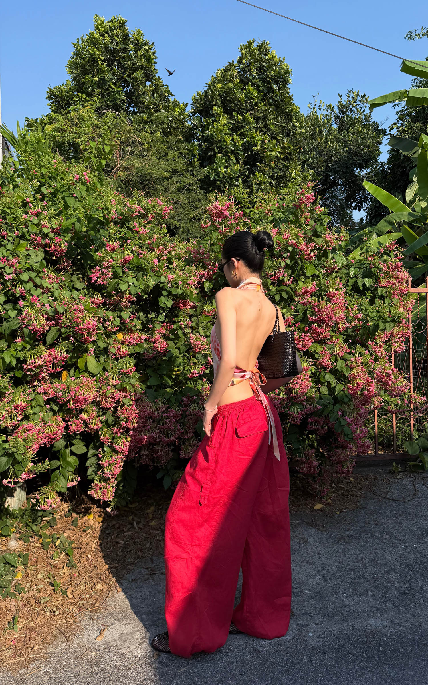 ROVENTE Pantalon cargo rouge à jambe large et cordon de serrage