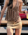 ROVENTE Ensemble haut dos nu transparent à sequins & jupe mini en satin