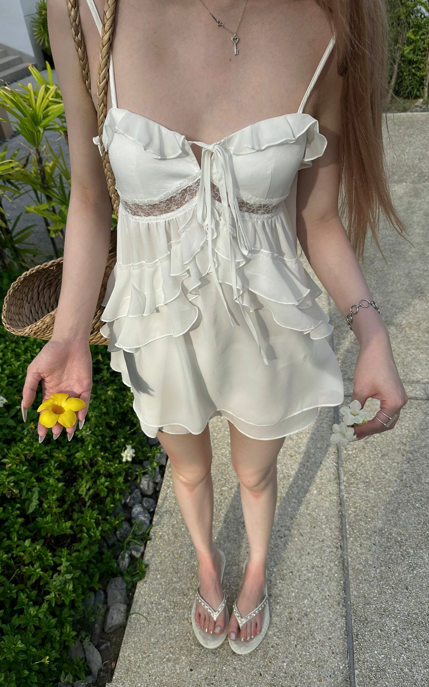 Rase Le Sol Silent Petals Lace-Trim Ruffle Mini Dress