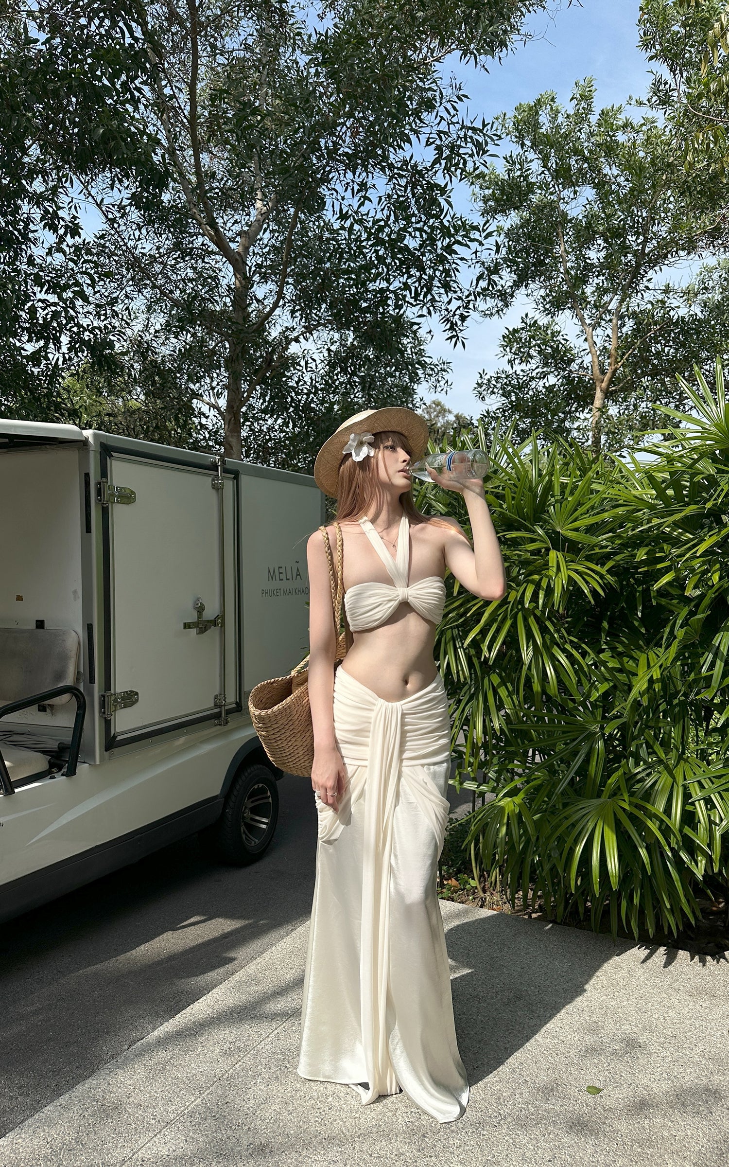 Rase le sol Ruched Halter Top &amp; Draped Maxi Skirt Set