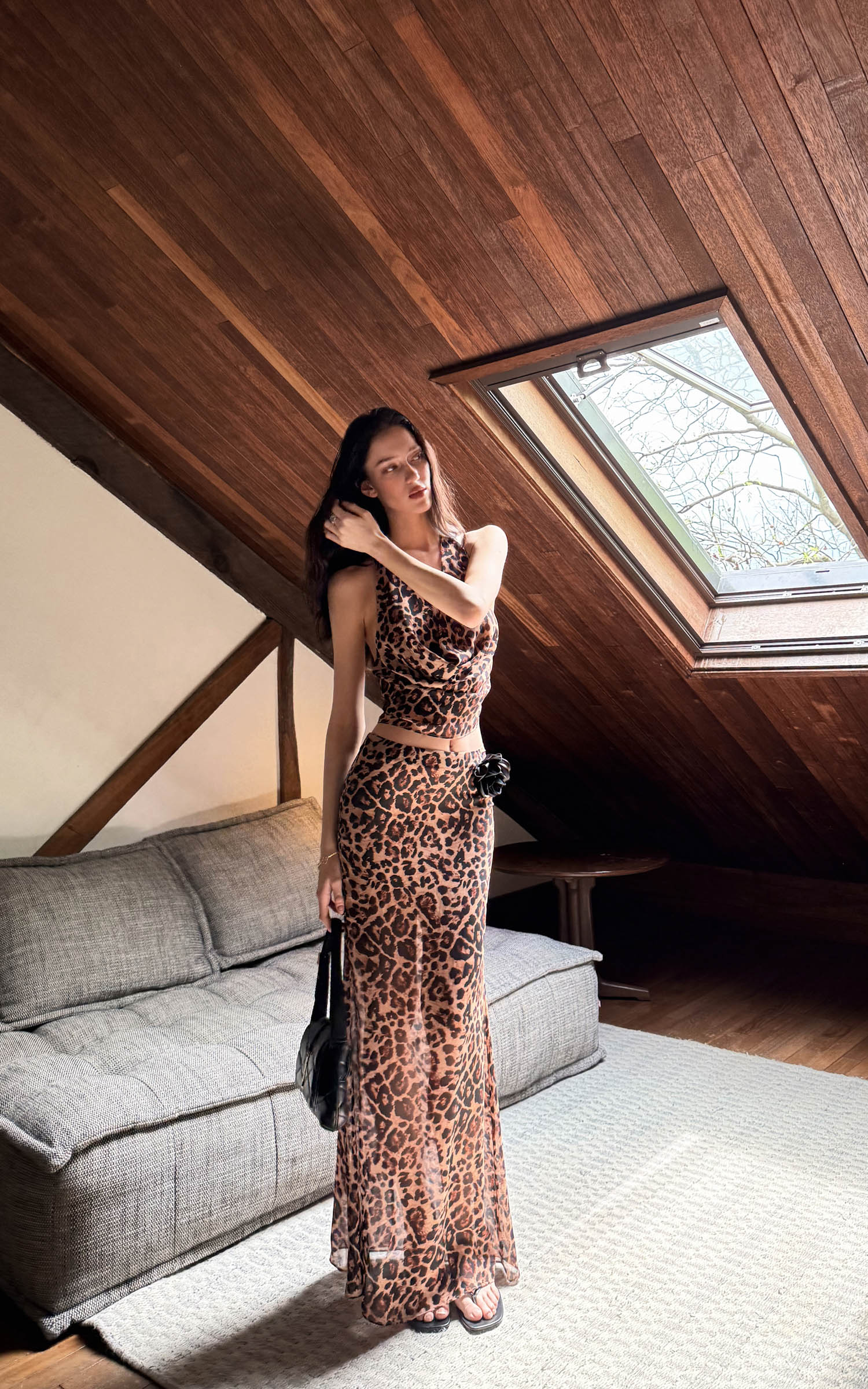 0122stepll Leopard Mesh Halter Top &amp; Sheer Maxi Skirt Set