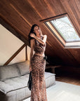 0122stepll Leopard Mesh Halter Top & Sheer Maxi Skirt Set