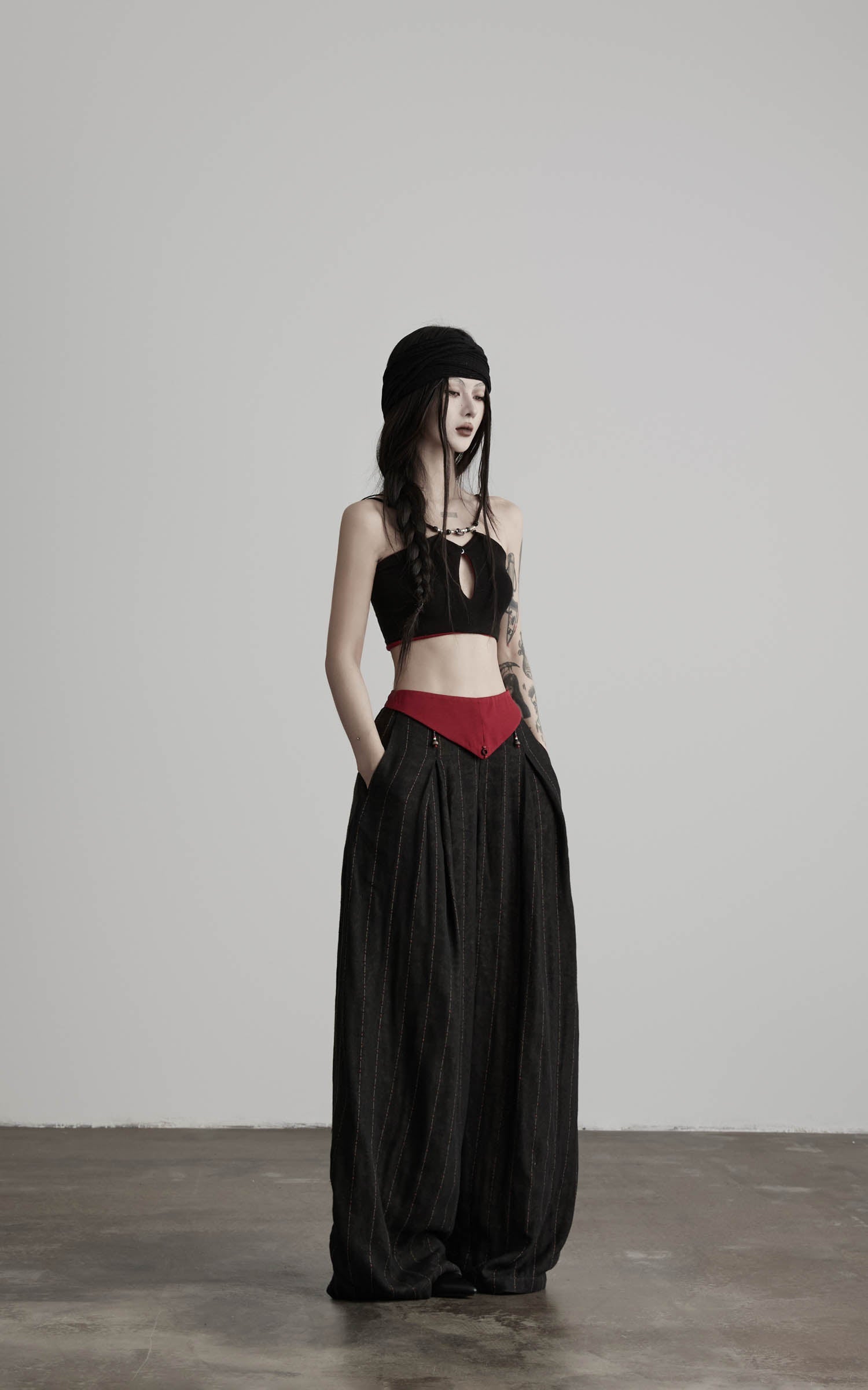 DOINDULGE Low-Rise Stripe Wide Leg Pants