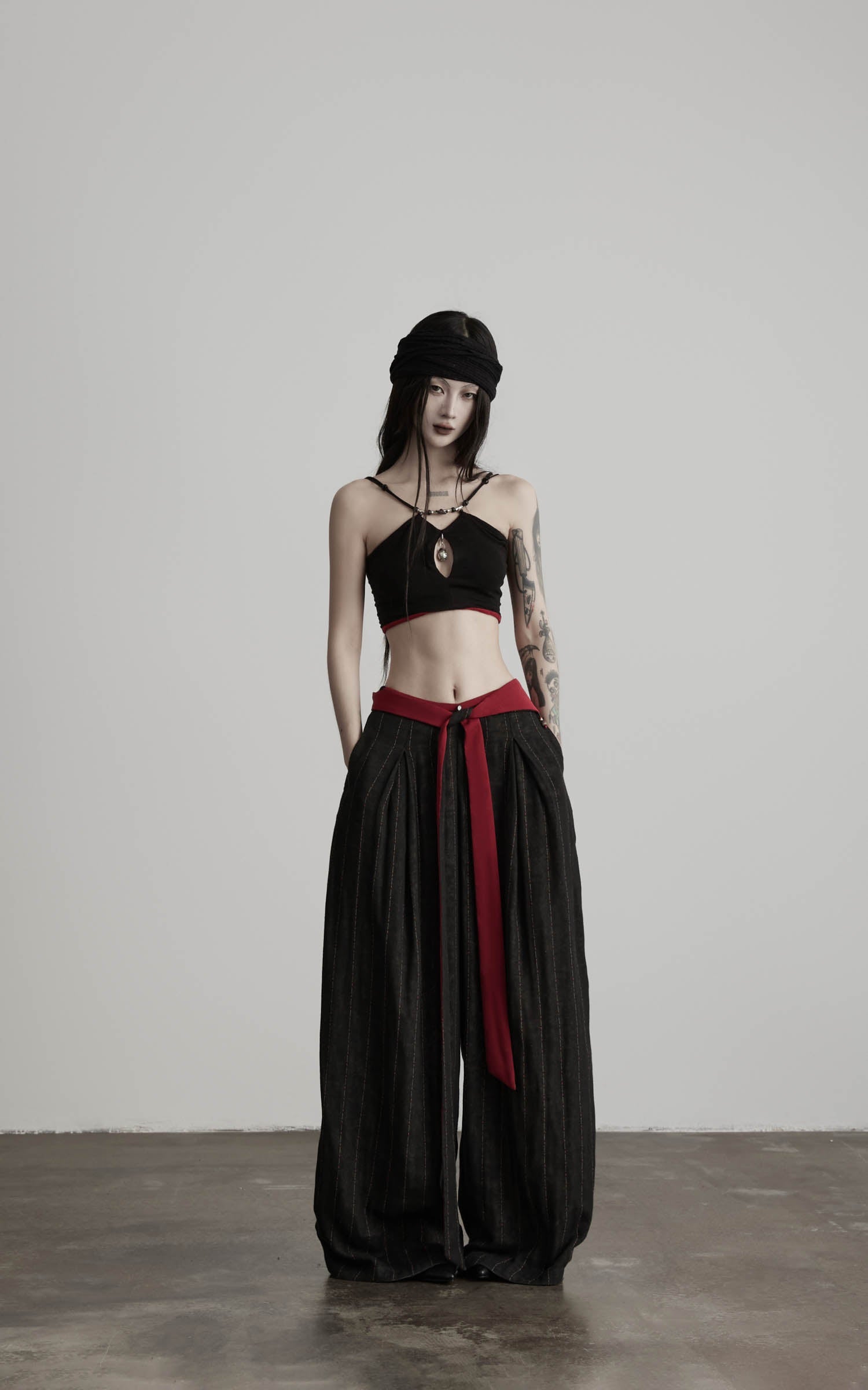 DOINDULGE Low-Rise Stripe Wide Leg Pants