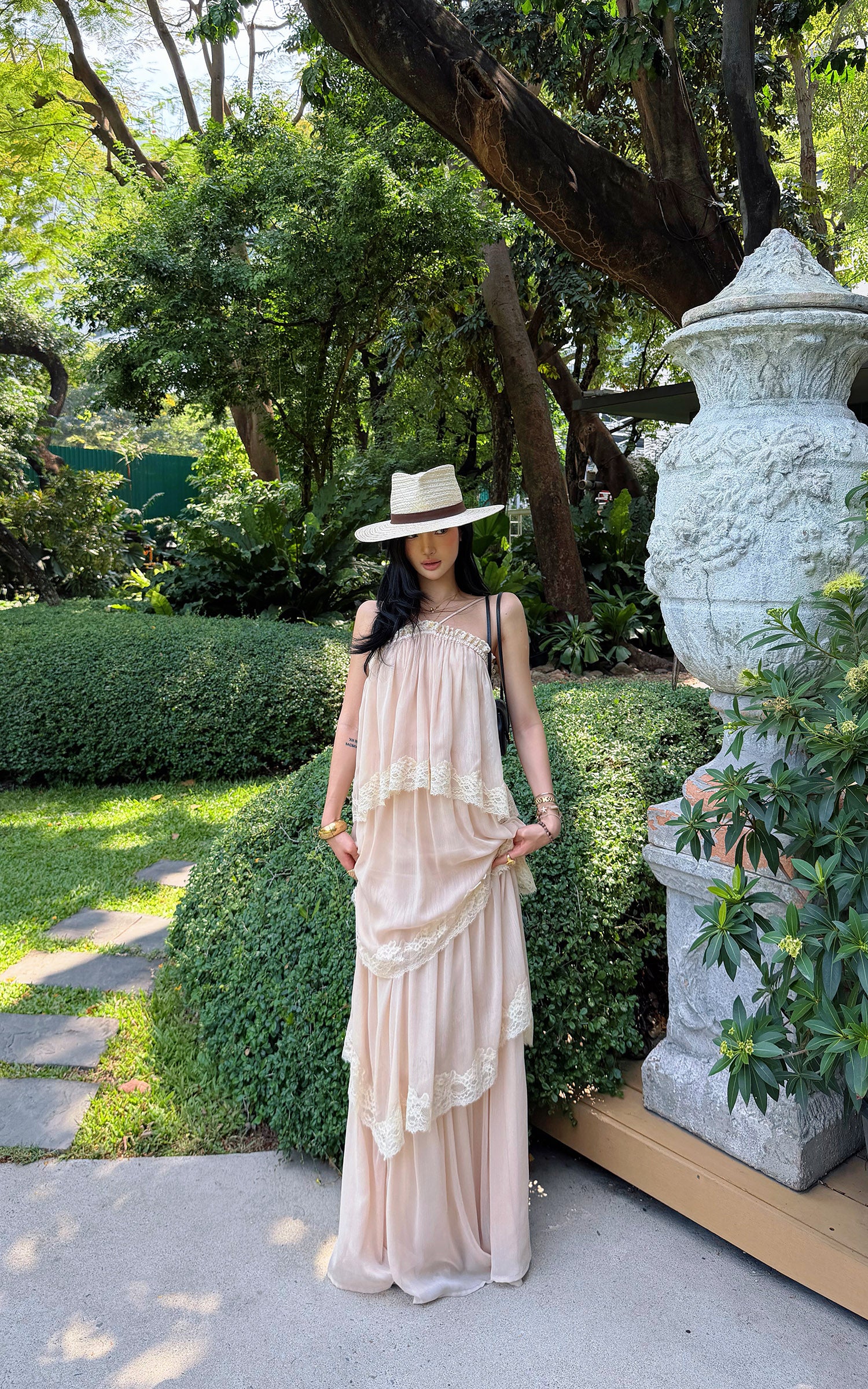 ROVENTE Lace Tiered Chiffon Maxi Dress