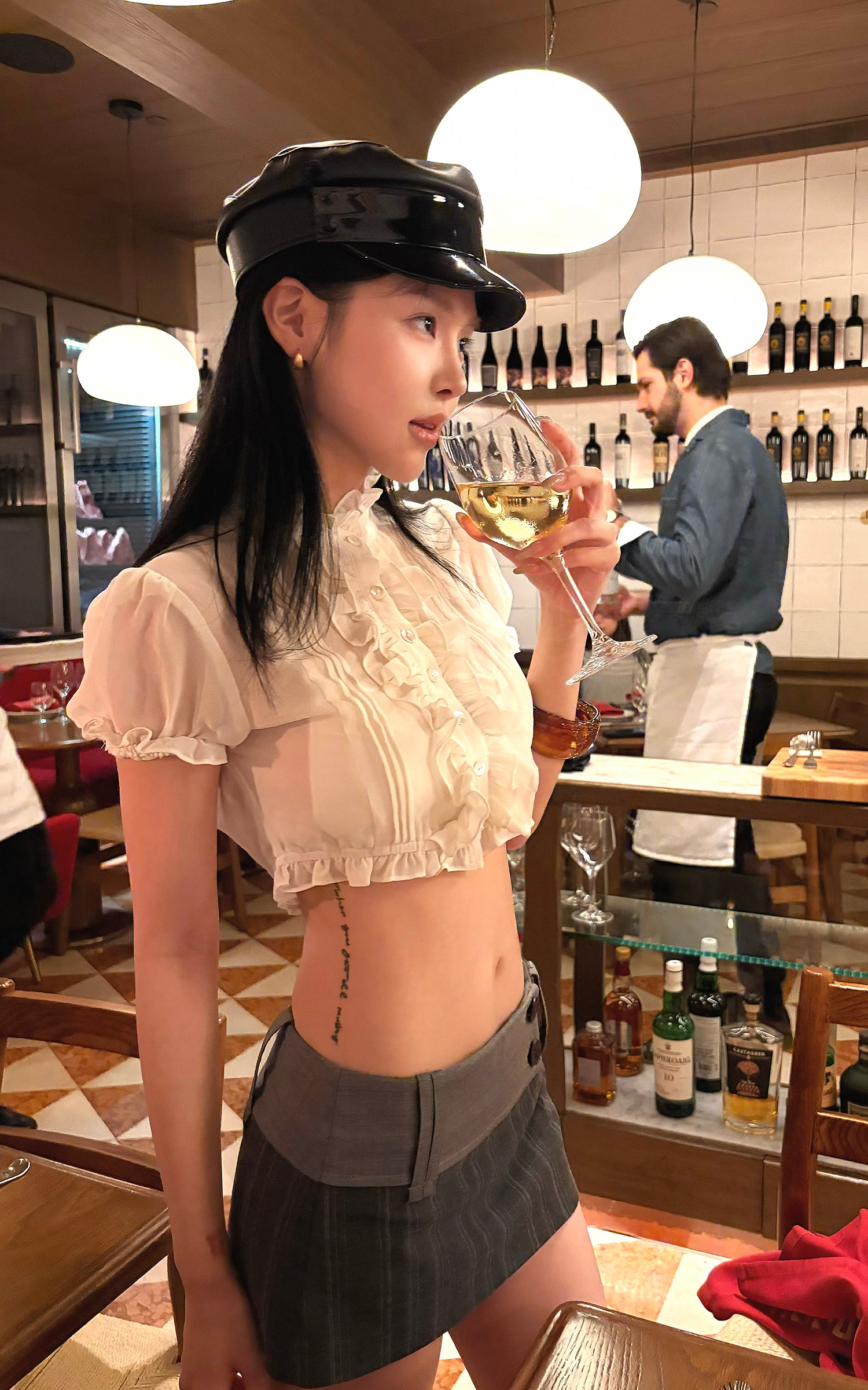 Hydrae Sheer Ruffle Pintuck Cropped Blouse Top