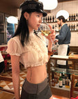Hydrae Sheer Ruffle Pintuck Cropped Blouse Top