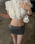 Hydrae Sheer Ruffle Pintuck Cropped Blouse Top