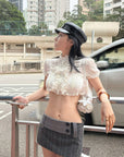 Hydrae Sheer Ruffle Pintuck Cropped Blouse Top