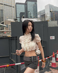 Hydrae Sheer Ruffle Pintuck Cropped Blouse Top