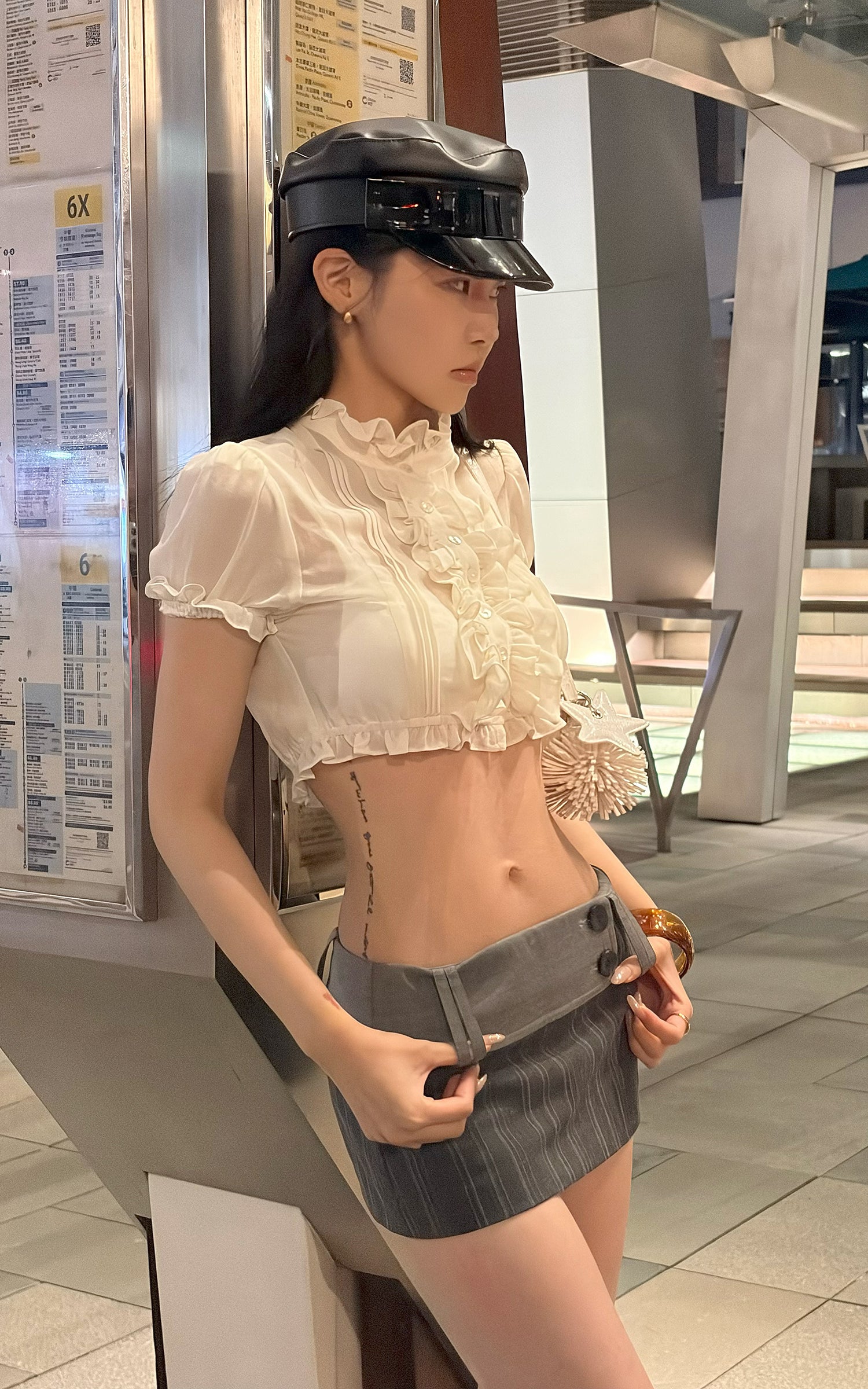 Hydrae Sheer Ruffle Pintuck Cropped Blouse Top