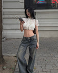 Hydrae Sheer Ruffle Pintuck Cropped Blouse Top