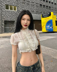 Hydrae Sheer Ruffle Pintuck Cropped Blouse Top