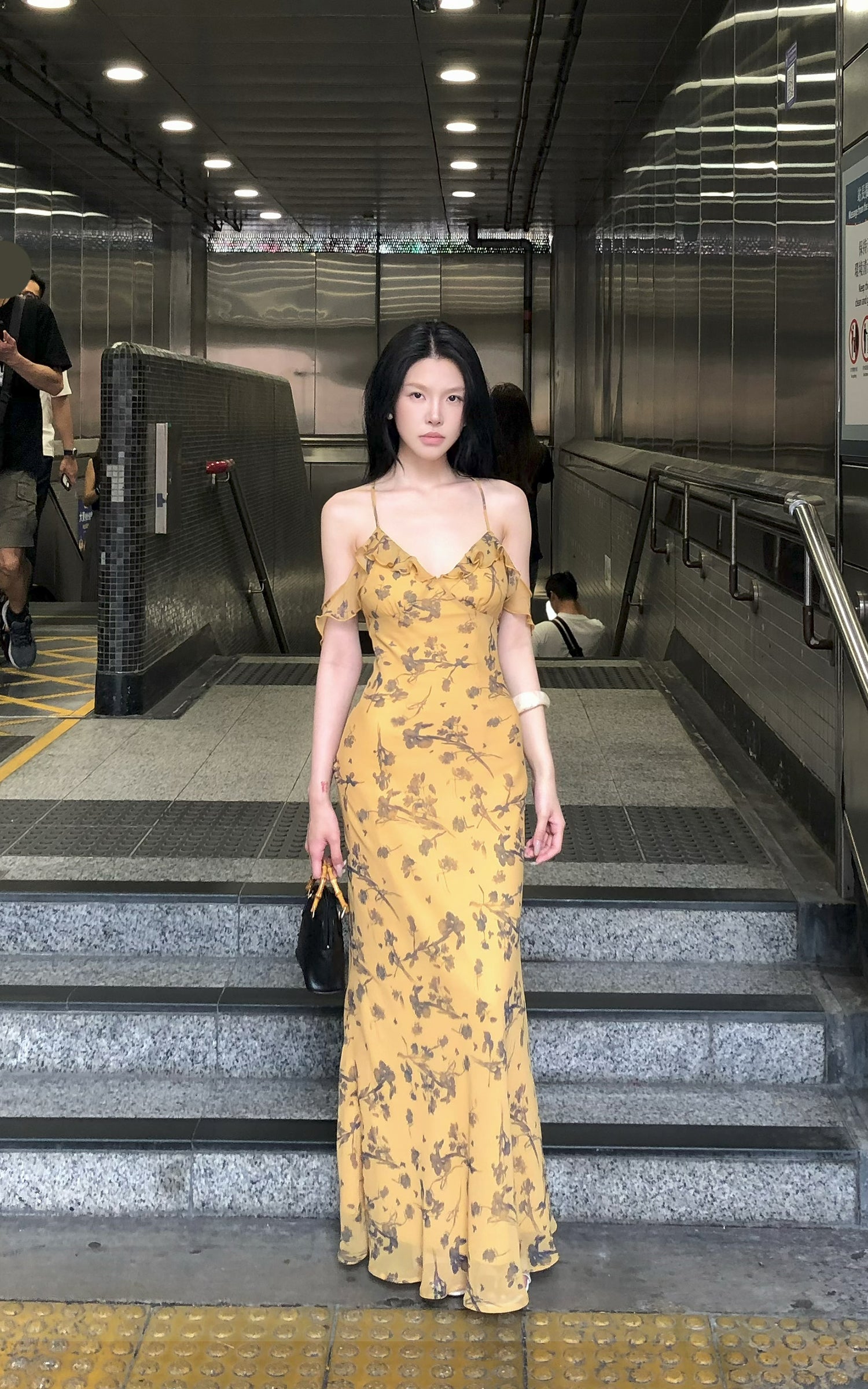 Hydrae Golden Floral Open-Shoulder Backless Slip Maxi Dress