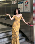 Hydrae Golden Floral Open-Shoulder Backless Slip Maxi Dress