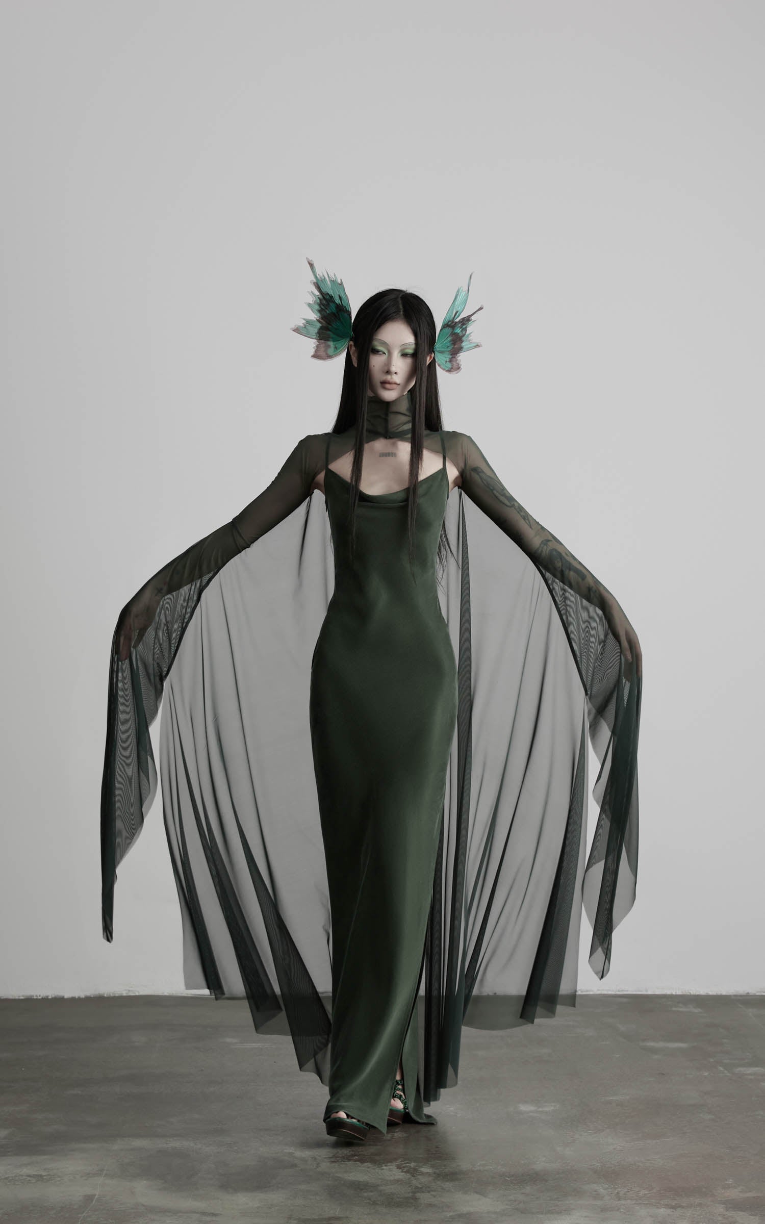DOINDULGE Slip Maxi Dress Mesh Cape Set