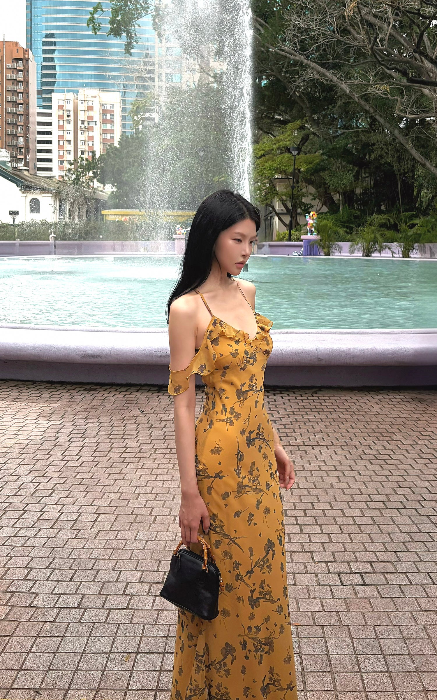 Hydrae Golden Floral Open-Shoulder Backless Slip Maxi Dress
