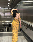Hydrae Golden Floral Open-Shoulder Backless Slip Maxi Dress