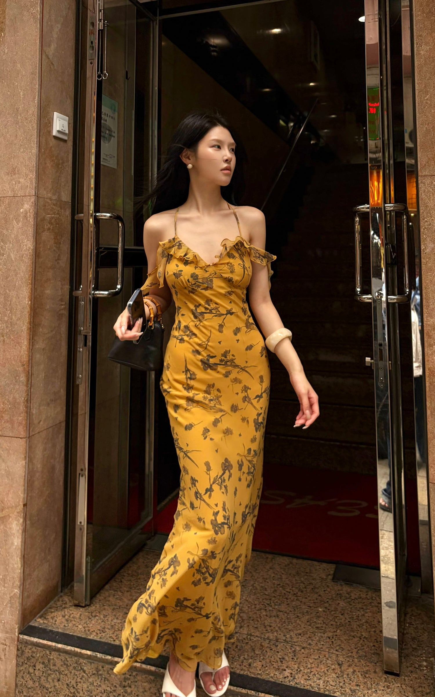 Hydrae Golden Floral Open-Shoulder Backless Slip Maxi Dress