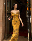 Hydrae Golden Floral Open-Shoulder Backless Slip Maxi Dress