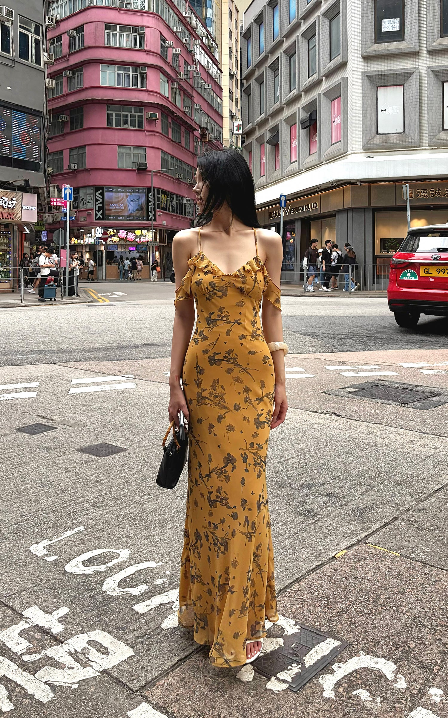 Hydrae Golden Floral Open-Shoulder Backless Slip Maxi Dress