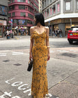 Hydrae Golden Floral Open-Shoulder Backless Slip Maxi Dress