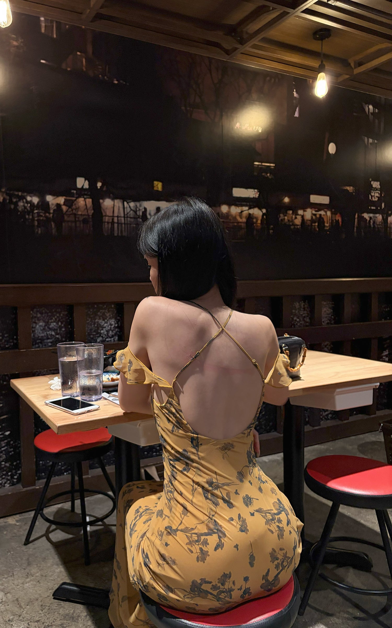Hydrae Golden Floral Open-Shoulder Backless Slip Maxi Dress