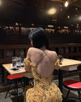 Hydrae Golden Floral Open-Shoulder Backless Slip Maxi Dress