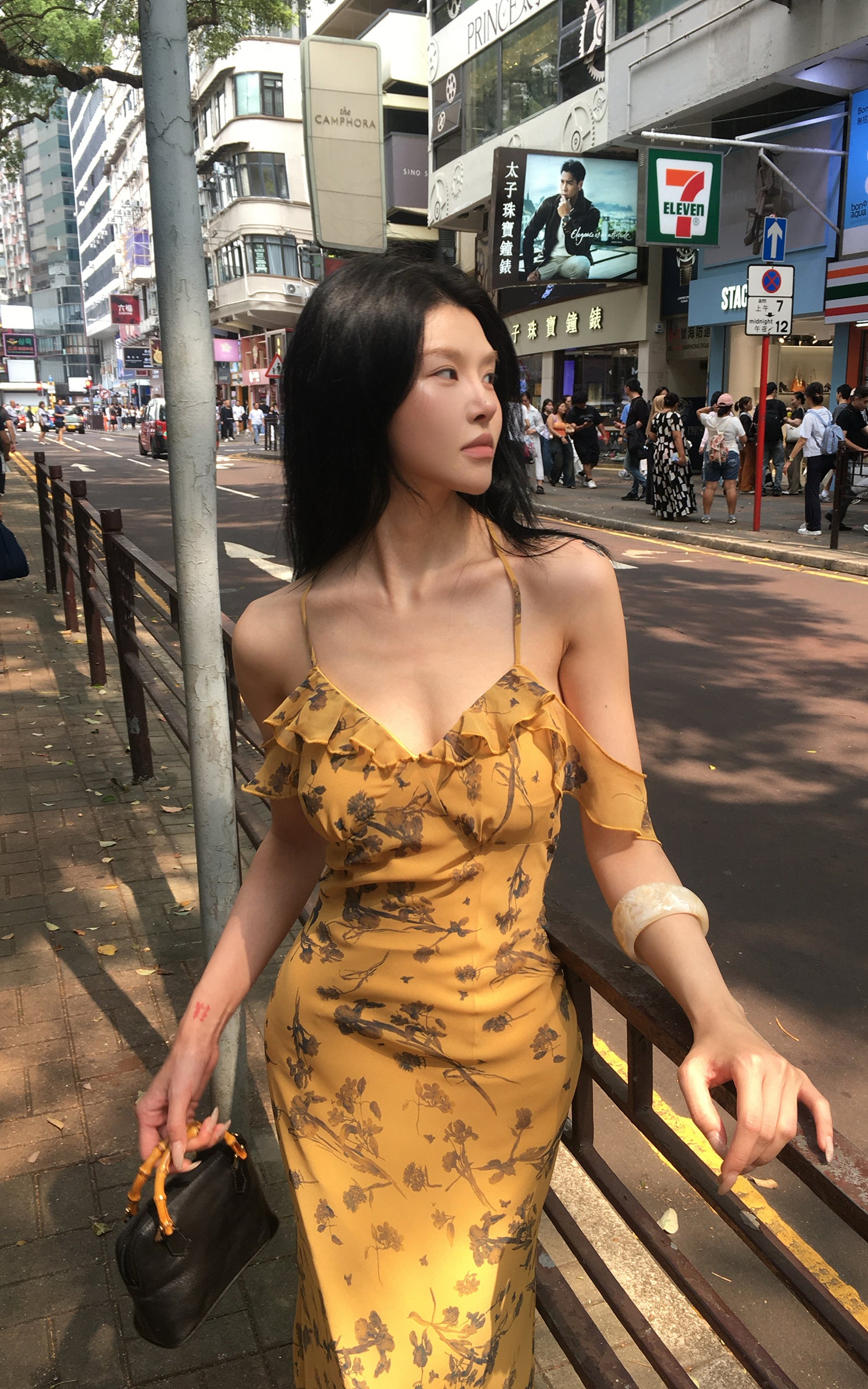 Hydrae Golden Floral Open-Shoulder Backless Slip Maxi Dress