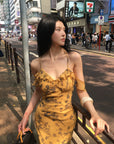 Hydrae Golden Floral Open-Shoulder Backless Slip Maxi Dress