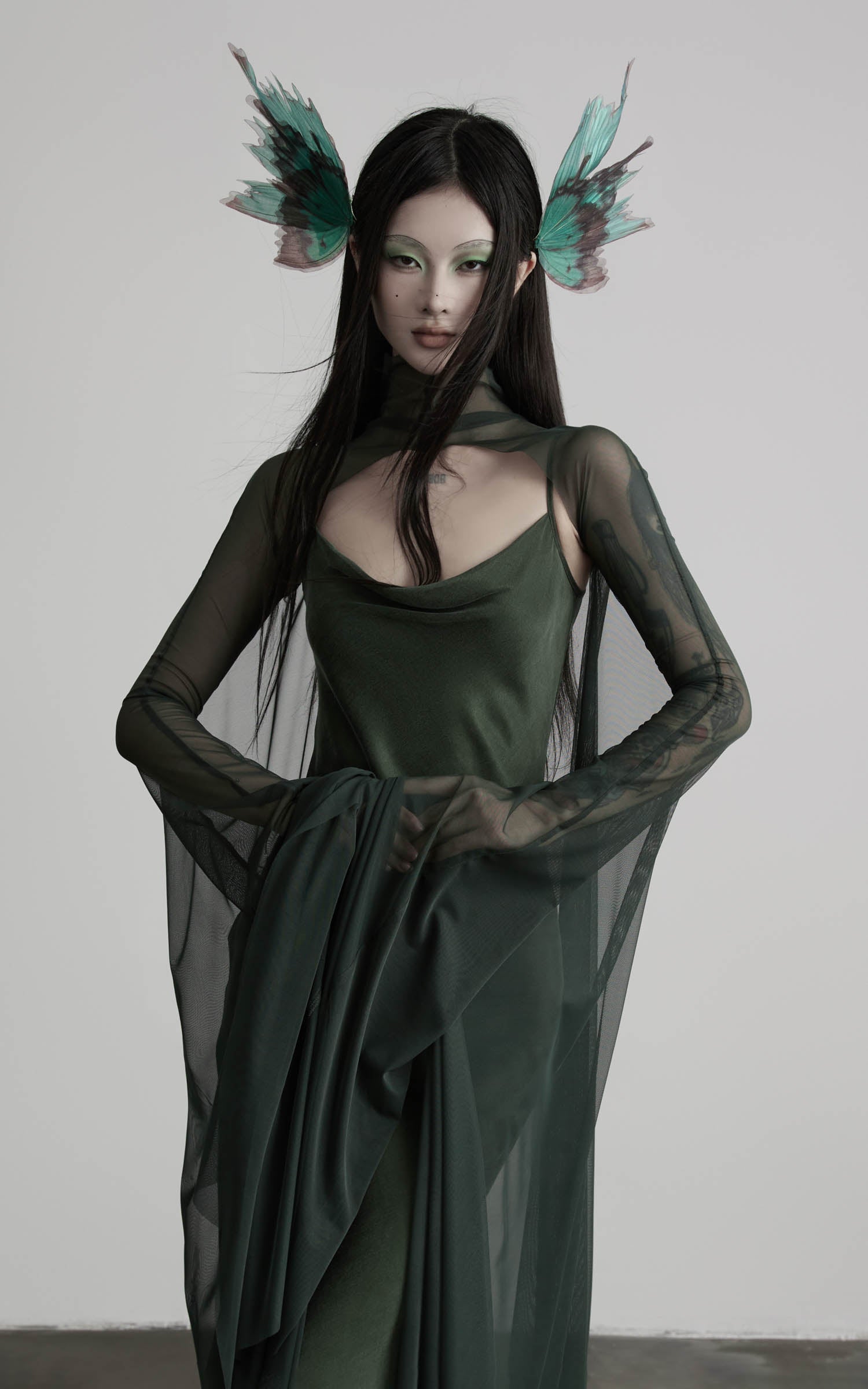 DOINDULGE Slip Maxi Dress Mesh Cape Set