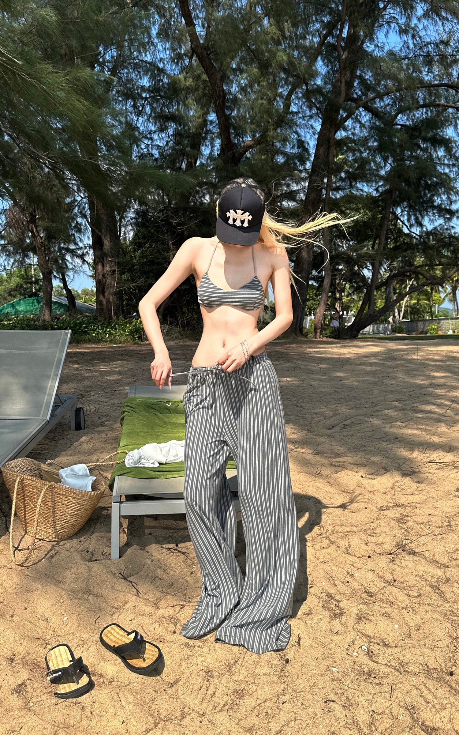 Rase le sol Striped Halter Bra and Relaxed Draped Lounge Pants Set