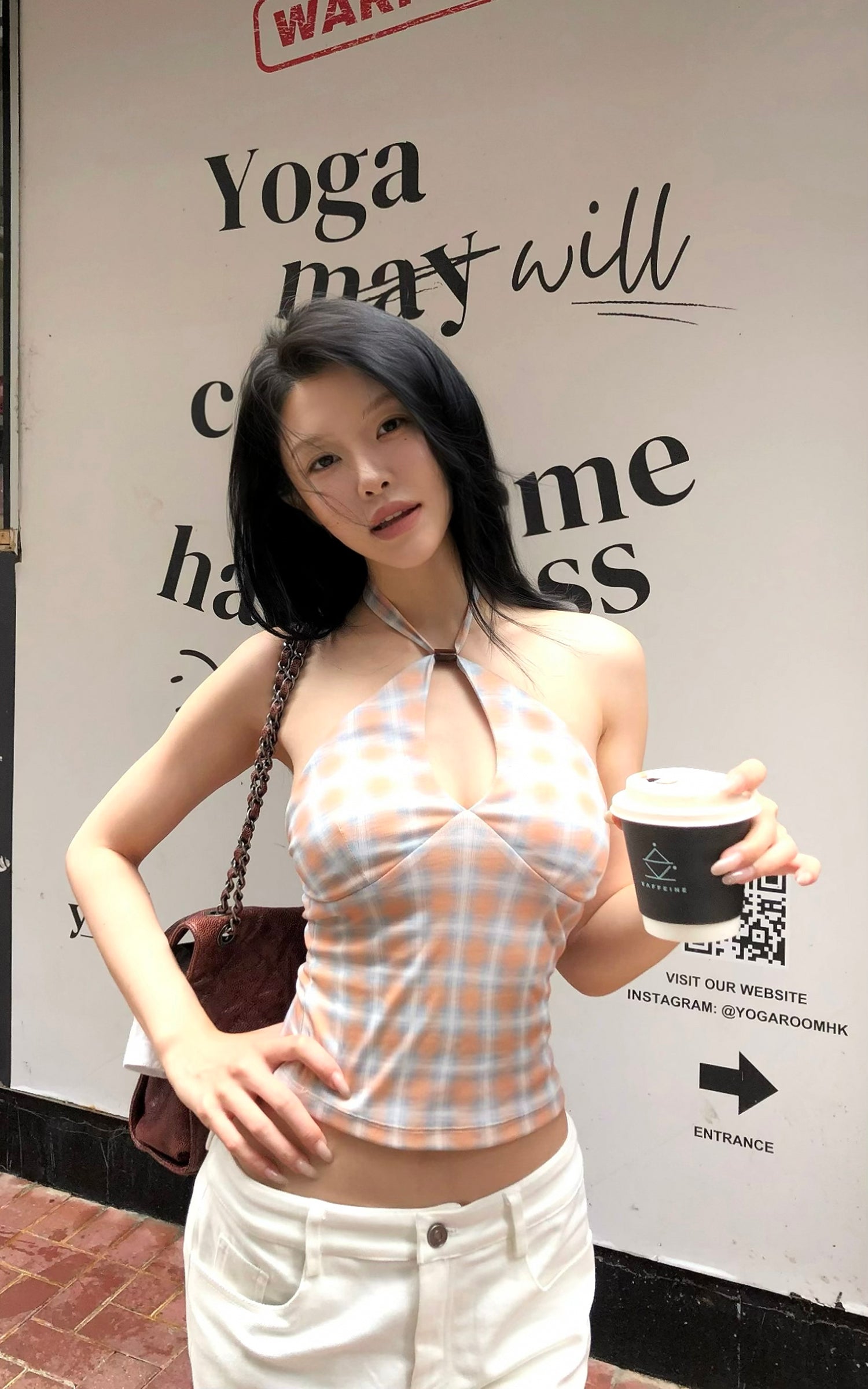 Hydrae 빈티지 체크 홀터 키홀 탑