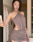 Hydrae Ruched Backless Halter Mini Dress