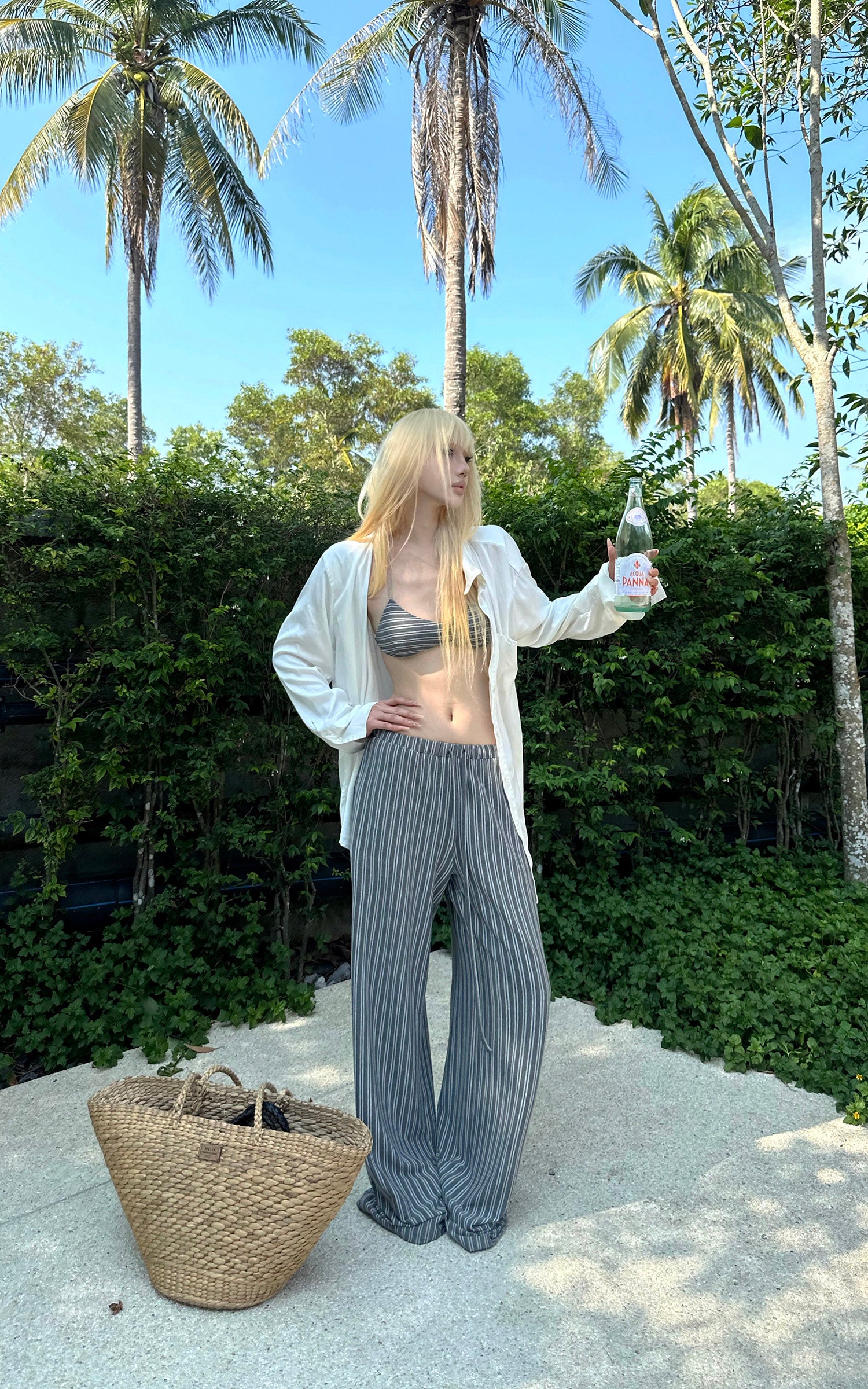 Rase le sol Striped Halter Bra and Relaxed Draped Lounge Pants Set