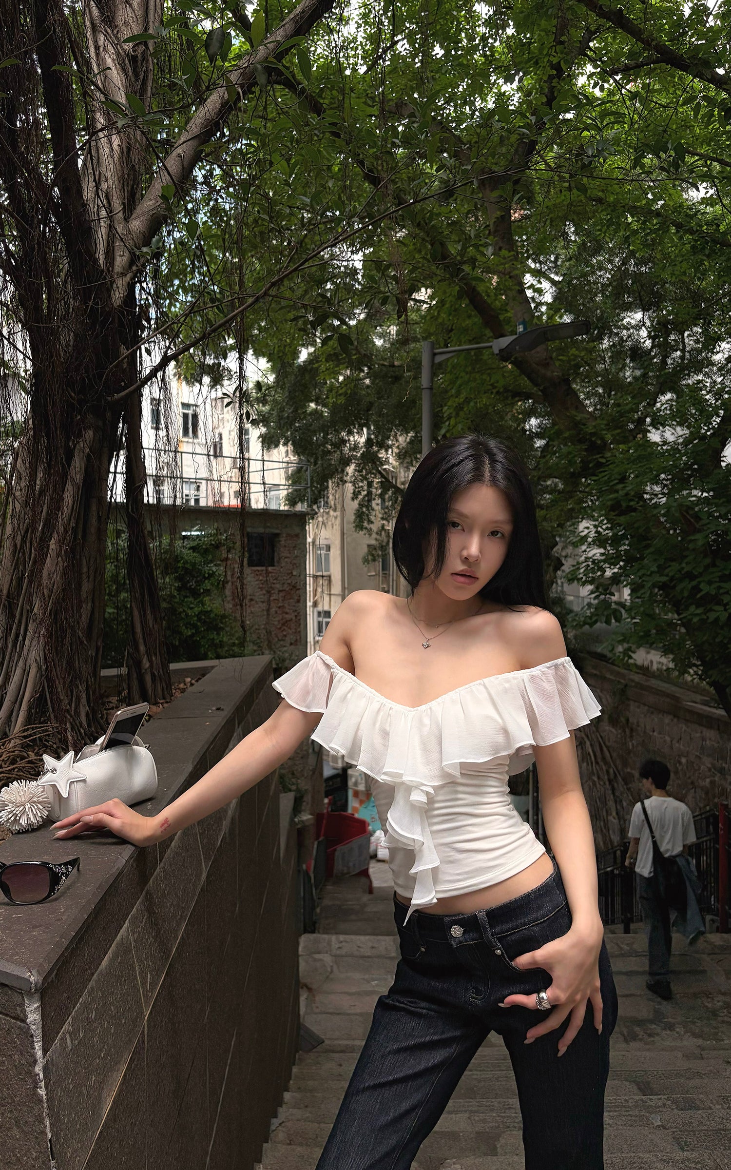 Hydrae Romantic Off Shoulder Chiffon Ruffle Ruched Top