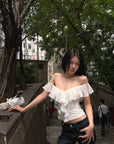 Hydrae Romantic Off Shoulder Chiffon Ruffle Ruched Top