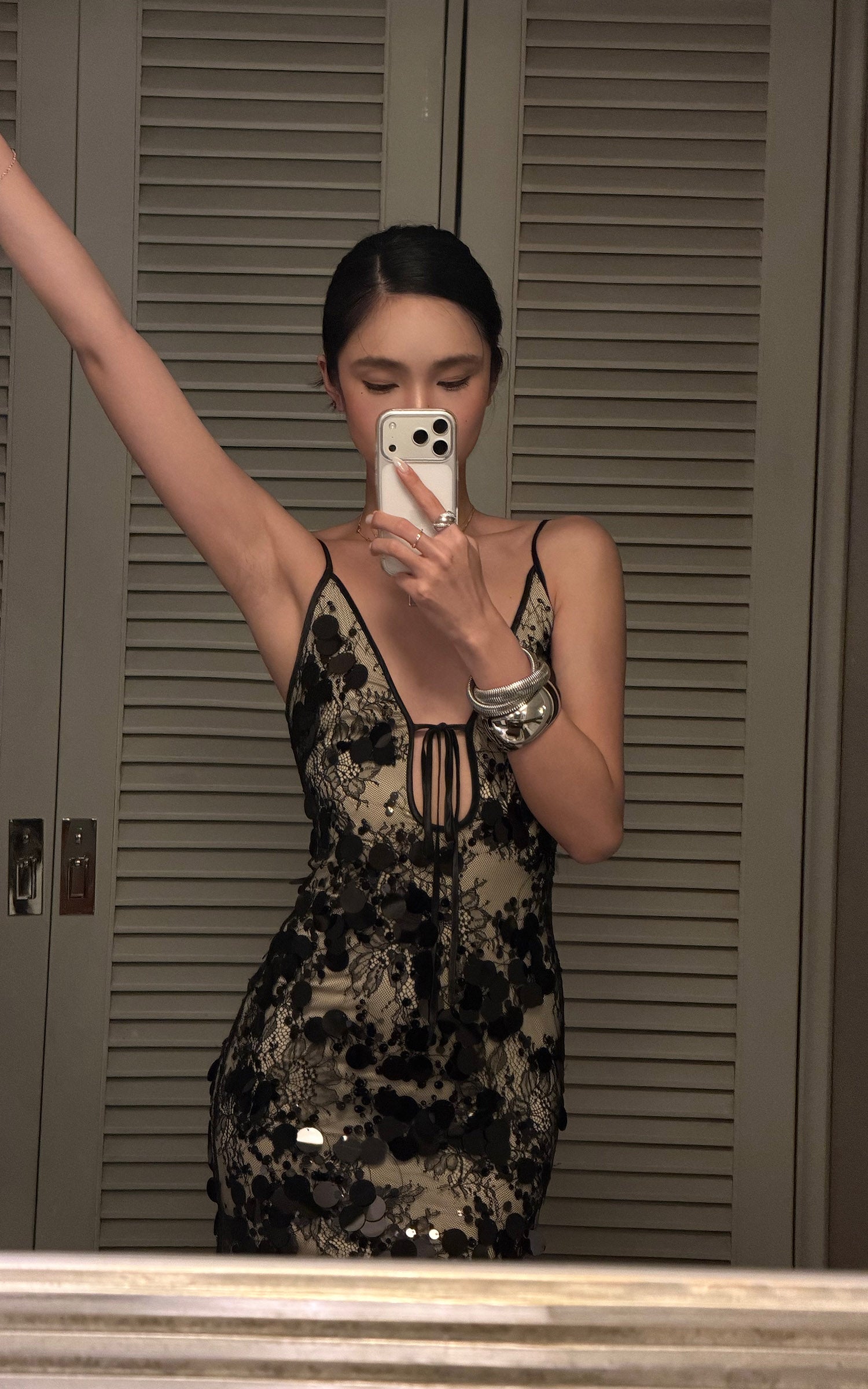 sheer bodycon maxi dress ROVENTE Lace Sequin Sheer Bodycon Maxi Dress L / KR 77 / JP 11 / US 6 / Black