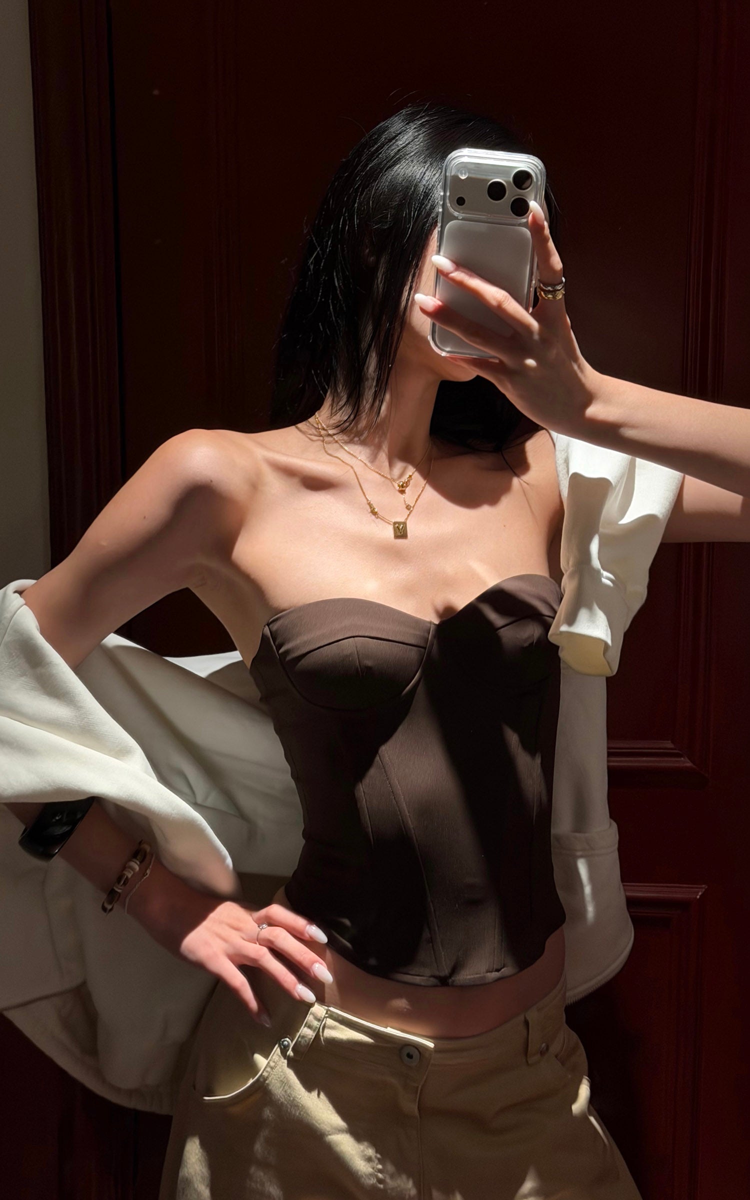 ROVENTE 에스프레소 브라운 스컬프티드 스트랩리스 코르셋 탑