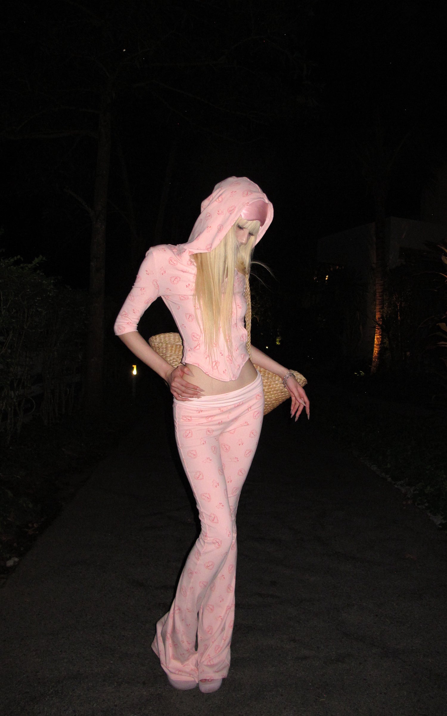 Rase le sol Pink Printed Hooded Fitted Zip Hoodie and Low-Rise Flared Pants Set