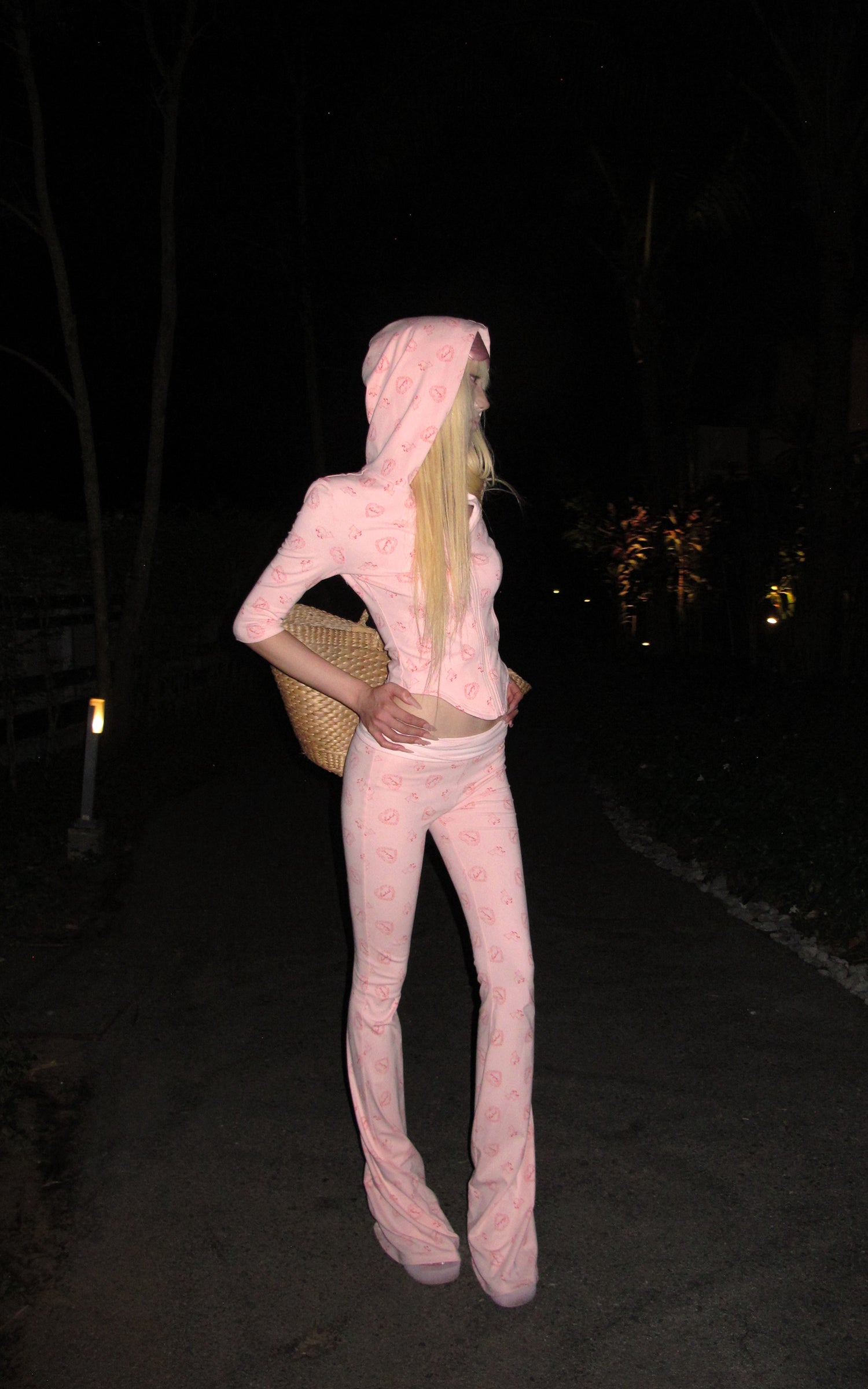 Rase le sol Pink Printed Hooded Fitted Zip Hoodie and Low-Rise Flared Pants Set