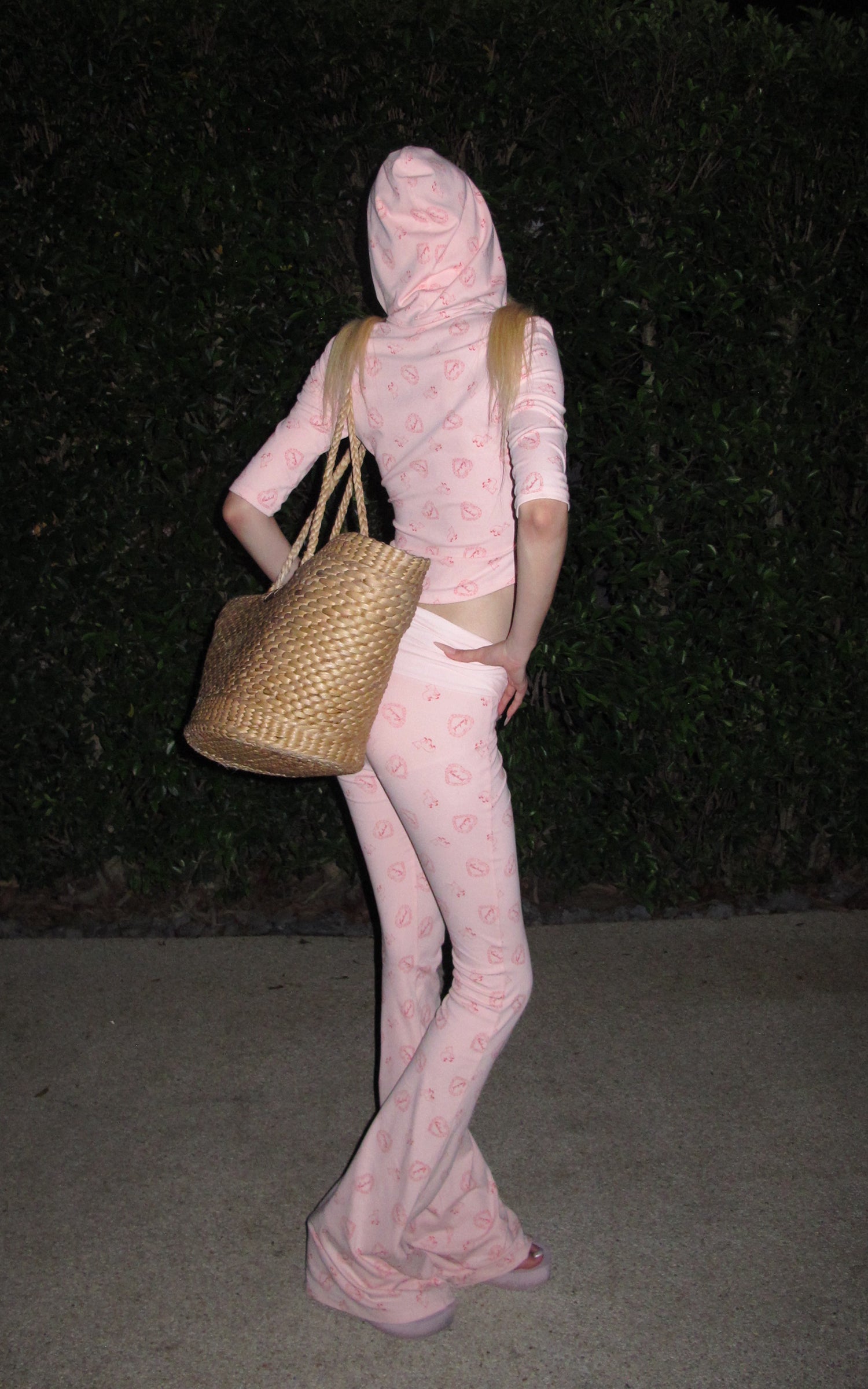 Rase le sol Pink Printed Hooded Fitted Zip Hoodie and Low-Rise Flared Pants Set
