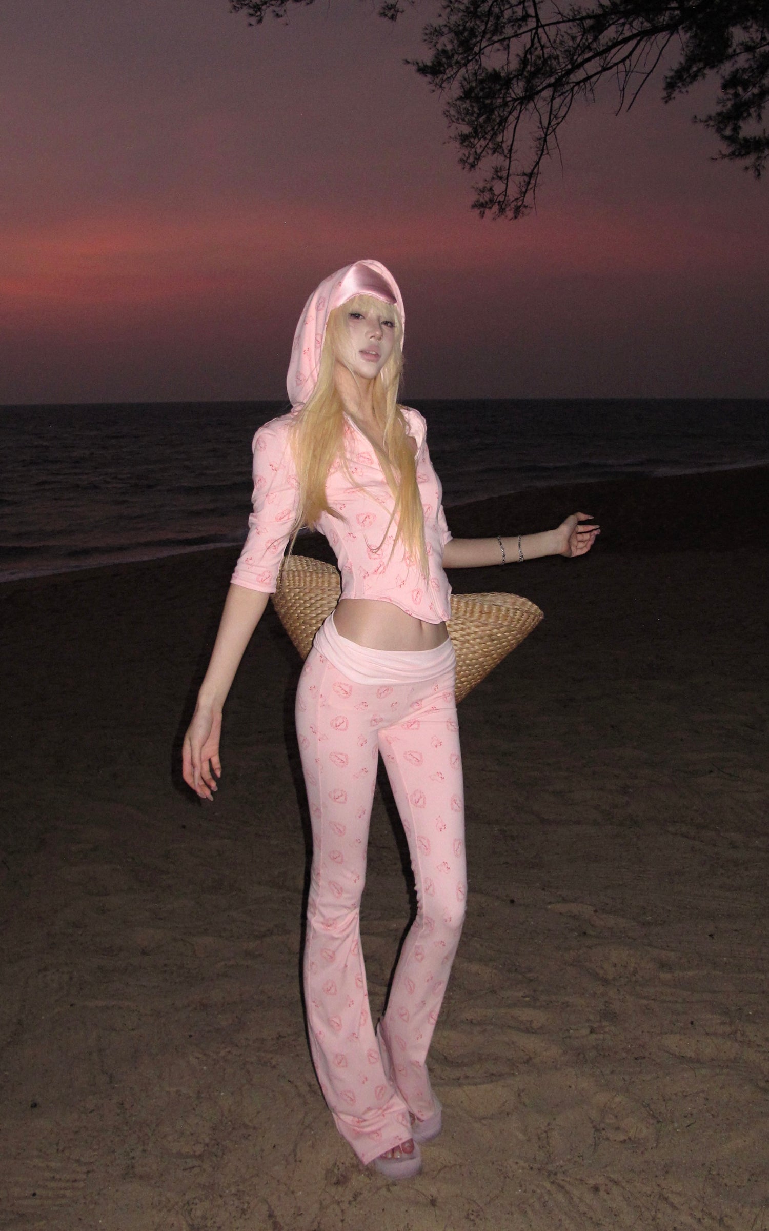 Rase le sol Pink Printed Hooded Fitted Zip Hoodie and Low-Rise Flared Pants Set