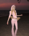 Rase le sol Pink Printed Hooded Fitted Zip Hoodie and Low-Rise Flared Pants Set