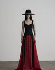 DOINDULGE Crimson Ritual Panel Maxi Dress Contrast Corset Silhouette Beaded Gown