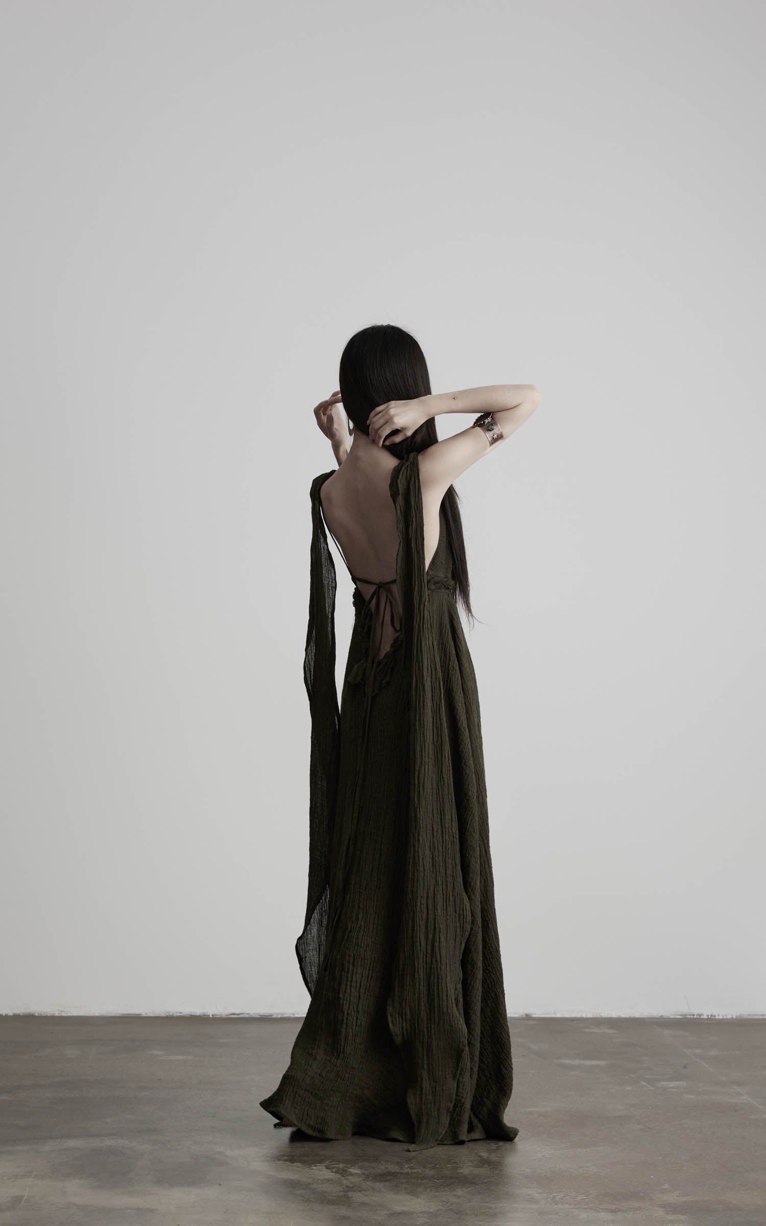 DOINDULGE Shadow Veil Draped Maxi Dress Dark Ash Flowing Slip Dress