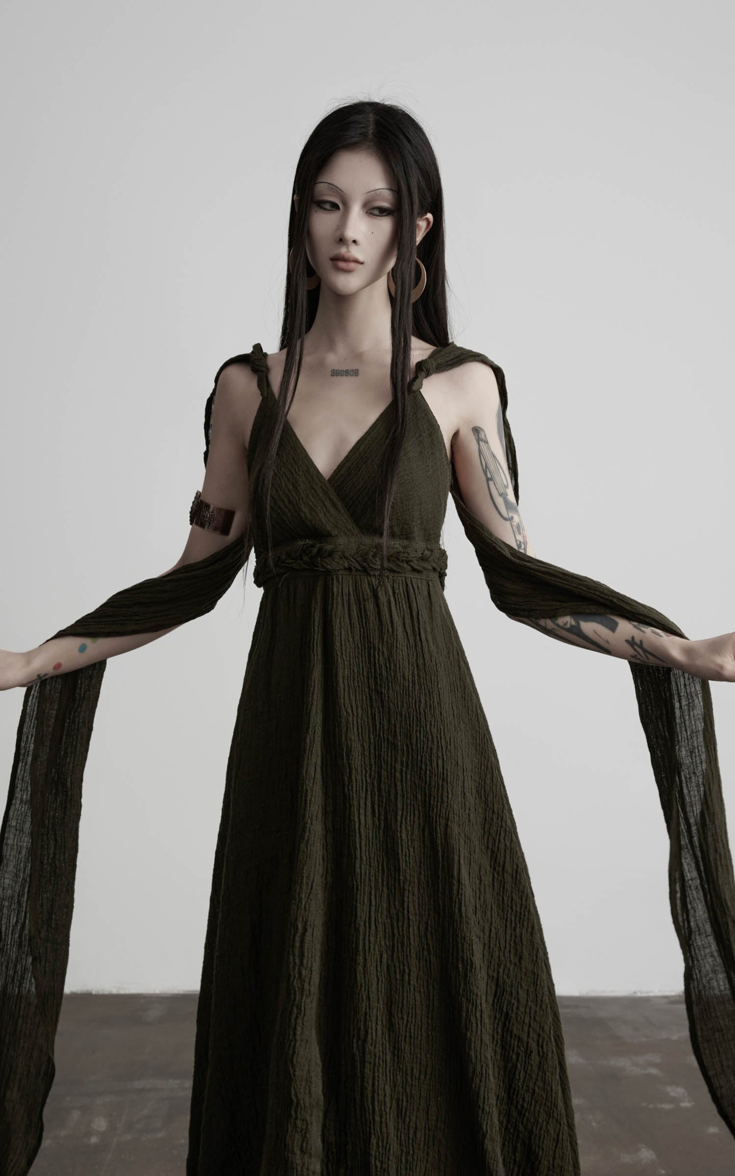DOINDULGE Shadow Veil Draped Maxi Dress Dark Ash Flowing Slip Dress