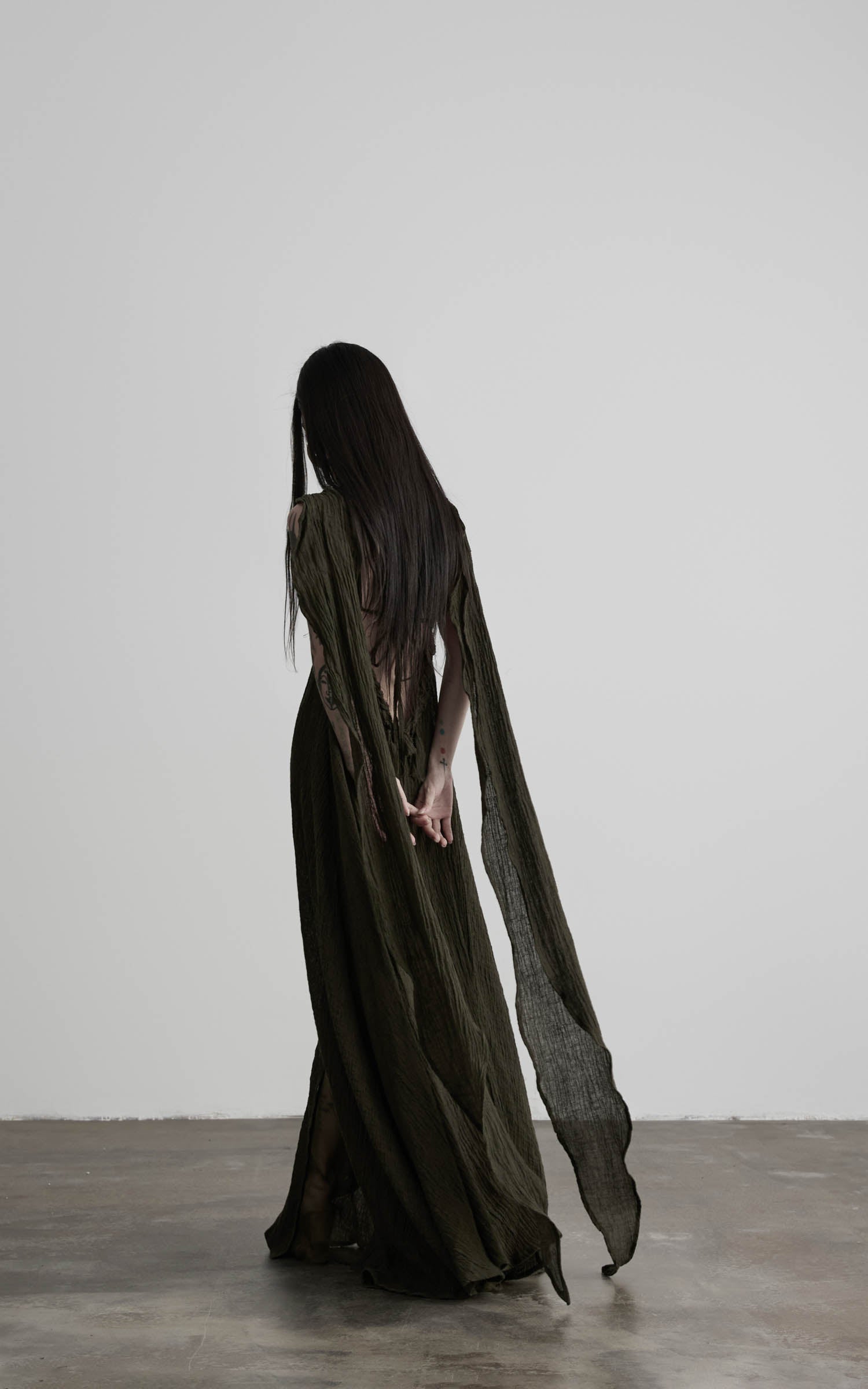 DOINDULGE Shadow Veil Draped Maxi Dress Dark Ash Flowing Slip Dress