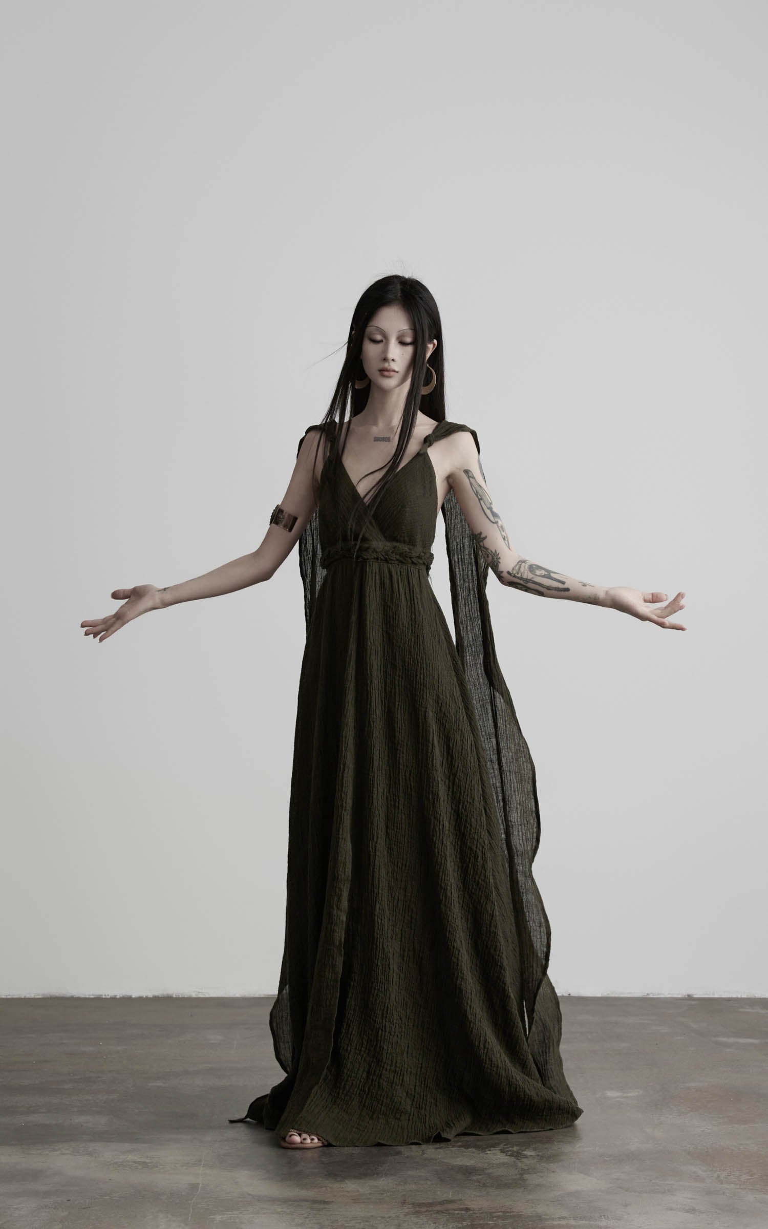 DOINDULGE Shadow Veil Draped Maxi Dress Dark Ash Flowing Slip Dress